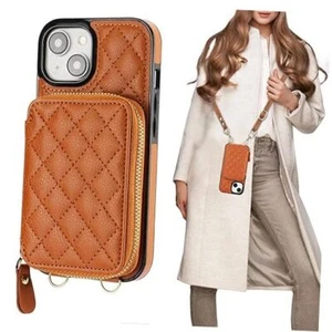 Crossbody Wallet Case for iPhone 15, RFID Blocking PU Leather Zipper Brown - Picture 1 of 7