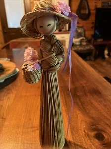 Straw Handmade Chinese Doll With Hat And Basket - Picture 1 of 6