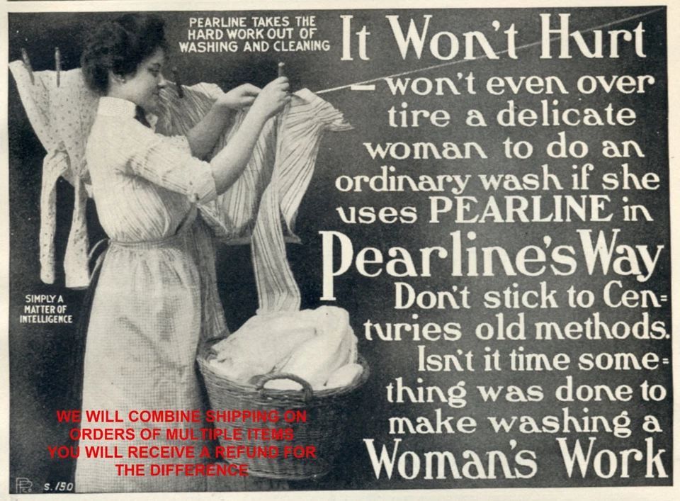 Anuncio impreso jabón lavandería PEARLINE 1903 de colección ~ mujer cuelga ropa baño arte decoración Foto 1 de 1