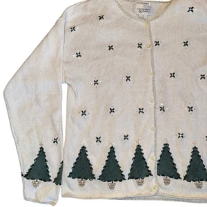 Vintage Hand Embroidered Womens Cream Sequins Christmas Tree Cardigan Sweater M - Picture 1 of 5