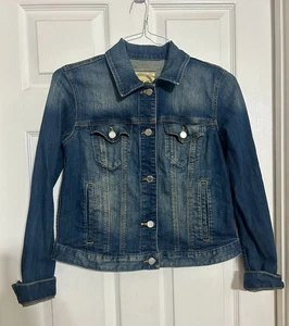 Michael Kors Ladies Denim Jacket Med. Long Sleeve Button Front Cropped Dark Wash - Picture 1 of 8