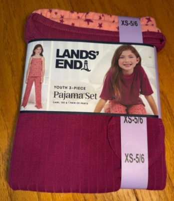 Lands' End Youth 3-piece Pajama Set  pink, stars 5/6 cami, tee, pants NEW - Image 1 of 2