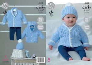 Easy Knit Chunky Knitting Pattern King Cole Baby Raglan Sleeve Jackets Hat 4843 - Picture 1 of 3