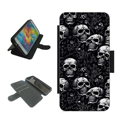 Skull pattern Phone Case wallet For iPhone for Samsung flip Cover black & white - Image 1 of 4