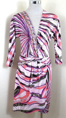 Vestido Vintage EMILIO PUCCI Adornado Rosa Púrpura Frente Abierto Pequeño 40 4 5 6 Foto 1 de 4