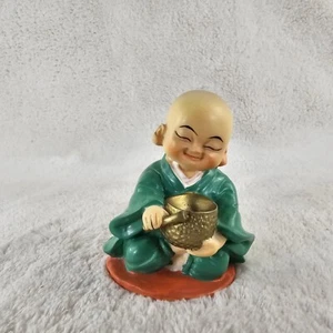 Baby Monk Figurine Sitting WIth Golden Bowl 3.5" - Picture 1 of 8