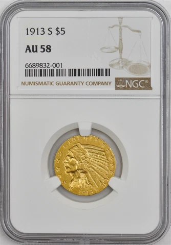 1913-S $5 Gold Indian AU58 NGC 947248-8 Cover