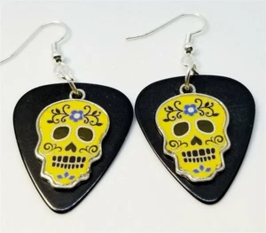 Yellow Sugar Skull Charm Guitar Pick Earrings - Pick Your Color - Picture 1 of 6