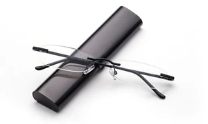 Classic Black Rimless Reading Glasses Readers Travel Slim Design with Case - Picture 1 of 14