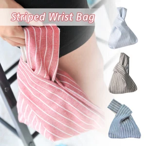Women Japanese Knot Wrist Bag Stripe Handbag Tote Purse Key Coin Phone Pouch NEW - Picture 1 of 15