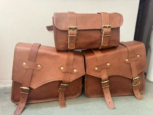 Motorcycle Leather Pouch Panniers Brown Side Saddle Bag Saddlebags Bags Tool 3 - Picture 1 of 24