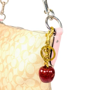 Small Apple Bag Charm Red Sparkle Apple Brass Gold Keychain - Picture 1 of 9