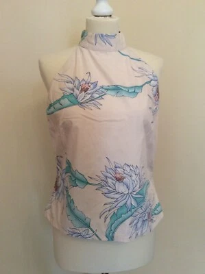 FRENCH CONNECTION PALE PINK WITH BLUE FLORAL PATTERN HALTER NECK TOP SIZE 14 - Image 1 of 2