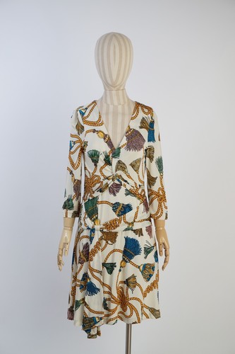 RARO Abito Moschino Couture Stampa Corda Cintura Bianco AUTENTICO TG 42 Scollo a V