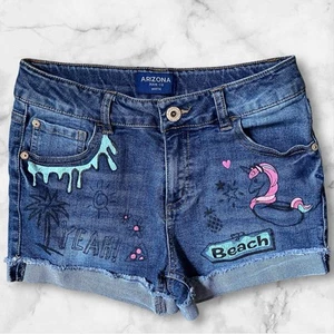 Arizona Girl's Shortie Jean Shorts Size 16 Blue Denim Cuffed Beach Summer Unique - Picture 1 of 9