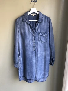 Cloth & Stone Shirt Dress V-Neck Chambray Pocket Long Roll Tab Sleeve Size: M - Picture 1 of 10