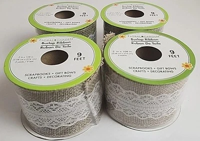 Lot Of 4 Burlap Ribbon 2” x 9ft Natural White Lace Rolls Decor T7 - Image 1 of 4