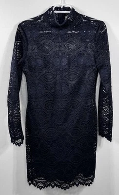 Mini Vestido WAYF Encaje Manga Larga Dobladillo Crudo Azul Marino Cuello Alto Elegante Bruja S Foto 1 de 4