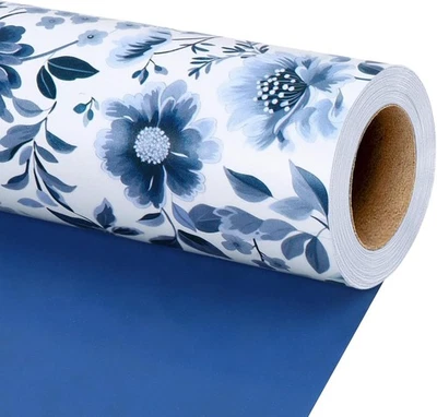 LaRibbons Reversible Blue Floral Wrapping Paper Roll, 17 Inch x 33 Feet (46.7 Sq - Image 1 of 4