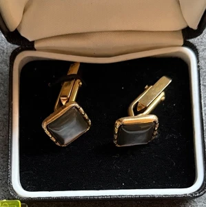 CUFFLINKS SMOKEY MOTHER OF PEARL LOOK GOLD TONE AGE WORN BOXED - Picture 1 of 7