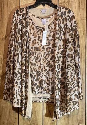 NWT CHICO'S Sz 2 Large 12 14 Warm Sand Ocelot Open Cardigan Tank 2pc Set - Image 1 of 4