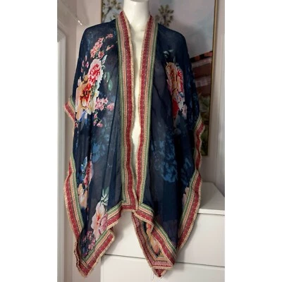 Lane Bryant Azul Marino Floral Boho Kimono Plumero Tapiz Borde Bata Natación Encubrimiento Foto 1 de 4