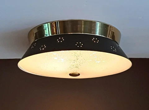Vintaget 1950s 60s MCM Retro Atomic Ceiling Light Fixture Flush Glass Black Gold Cover