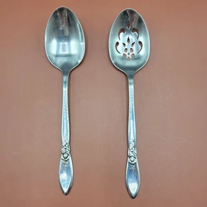 Oneida Community Stainless Spring Rose Serving Spoon & Slotted/Pierced Spoon - Picture 1 of 7
