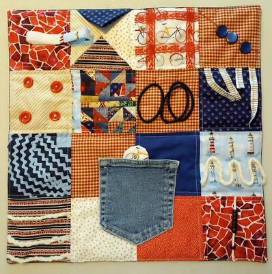 Fidget Quilt Fiddle Blanket sensory stimulation dementia adhd etc red white blue - Image 1 of 4