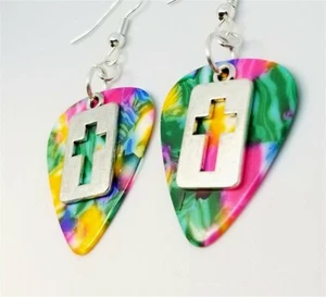 Cutout Cross Charm Guitar Pick Earrings - Pick Your Color - Picture 1 of 9