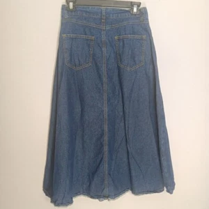 Women's Medium Flared Midi Denim Skirt Blue Jean Button Up Waist 27" x 33" - Picture 1 of 9