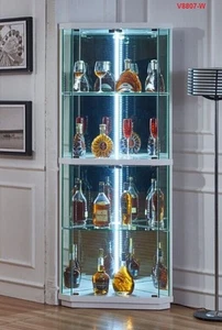 new Mirrored back white Glass& wood Display Storage Corner Cabinet with lights - Picture 1 of 11
