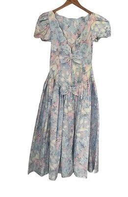 Vintage 80's Alfredo Angelo Bow Maxi Midi Dress Pastel Sz S Floral Baby Doll - Image 1 of 4