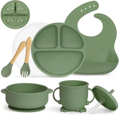 Geschirrset Baby 7-teilig mit Saugnapf Rutschfest Silikon Kind Grün B501 - Bild 1 von 4