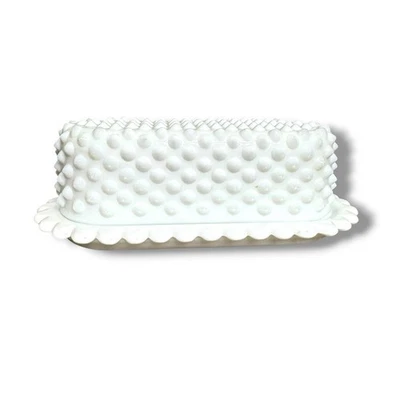 Fenton Hobnail Milk Glass Covered Butter Dish With Scalloped Edge Vintage   - Image 1 of 4