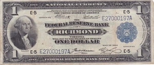 1918 $1 Richmond Federal Reserve Bank Note VF E5 Serial RARE Blue Seal Virginia - Picture 1 of 2