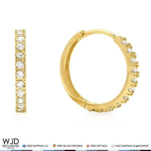 14K Yellow Gold One Row 0.50Ct Brilliant Stone Huggie Hoop Earrings 0.6" - Picture 1 of 4