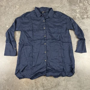 Uniqlo Linen Shirt Womens Large Blue Button Up Long Sleeve Breathable Preowned - Picture 1 of 20