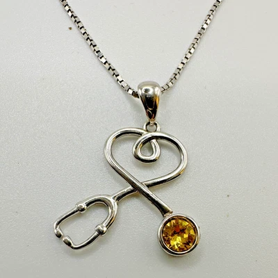 Collar Estetoscopio Esterlina Imitación Citrino Amarillo Topacio Doctor Enfermera Plata 925 Foto 1 de 4