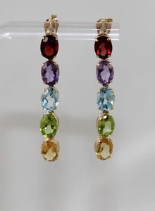 14K Yellow Gold 5 Oval Cut Dangle Earrings Garnet Amethyst Aqua Peridot Citrine - Picture 1 of 12