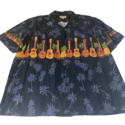 Camisa masculina Royal Hawaiian Creations com botões 2XL preta ukulele abacaxi aloha - Imagem 1 de 4