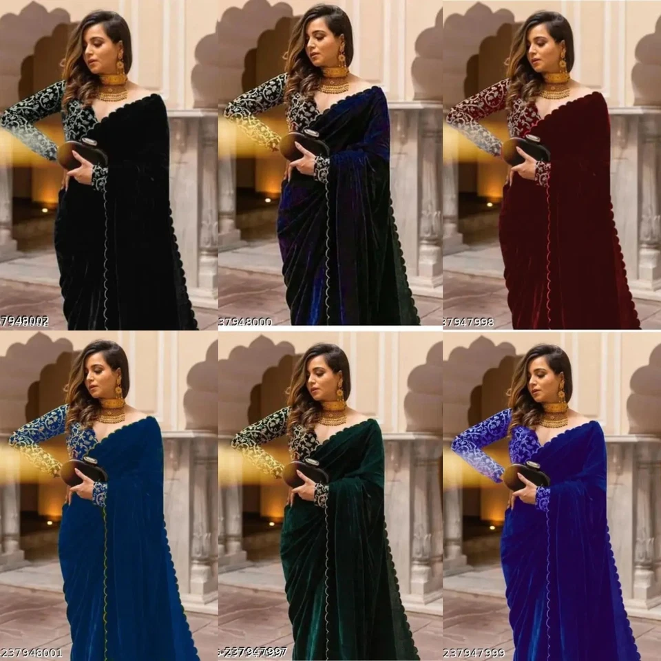 Sari de terciopelo Bollywood bordado para mujer con pieza de blusa Foto 1 de 1
