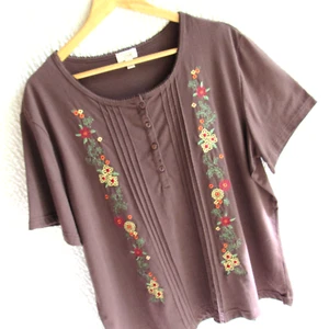 1X Womens Top Buttons Short Sleeve Cotton Blend Colorful Embroidery Brown - Picture 1 of 8