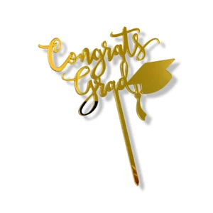 Cake Topper Acrilico Buona Laurea Congratulazioni Grado Cappello Oro Decorazione Festa - Foto 1 di 3