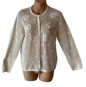 Vintage 1950s Cardigan Shrug Sweater Ivory Crochet Cardigan Size Med - Picture 1 of 5