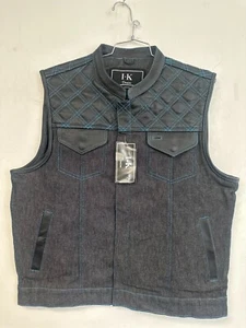 Men's Quilted Leather Denim Vest | Concealed Carry Club Vest with Pockets - Picture 1 of 24