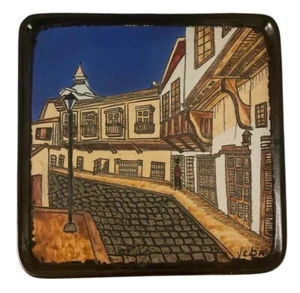 Vintage Eduardo Vega Artesa Ceramic Art Tile Ecuador  Village Blue Sky - Picture 1 of 9