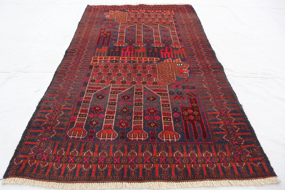 Lions Pictorial Hand-Woven Baluchi Rug. 3 x 4.9 feet.  Details BeloW - Image 1 of 1