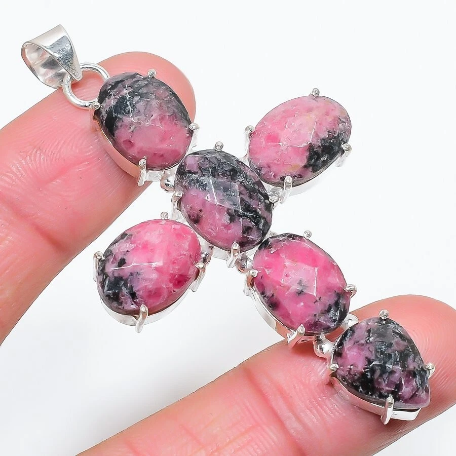 Colgante de joyería de plata de ley 925 hecho a mano con piedras preciosas de rodonita natural talla 2,6" Foto 1 de 1
