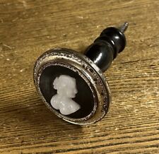 Antique Victorian White Cameo Screw-In Curtain Tieback W/Fancy Wooden Base
